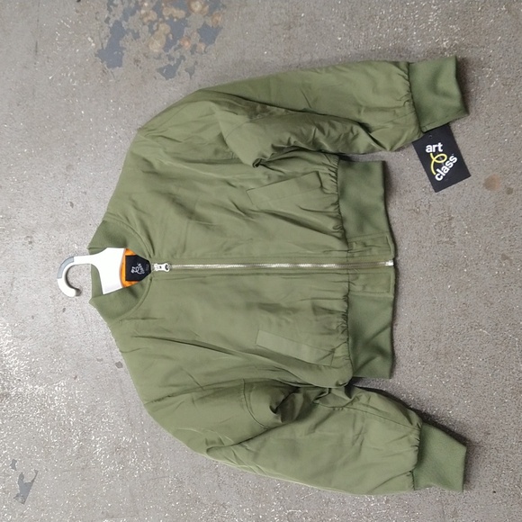 NEW! Girls' Cropped Bomber Jacket, Olive Green - art class - Picture 2 of 13